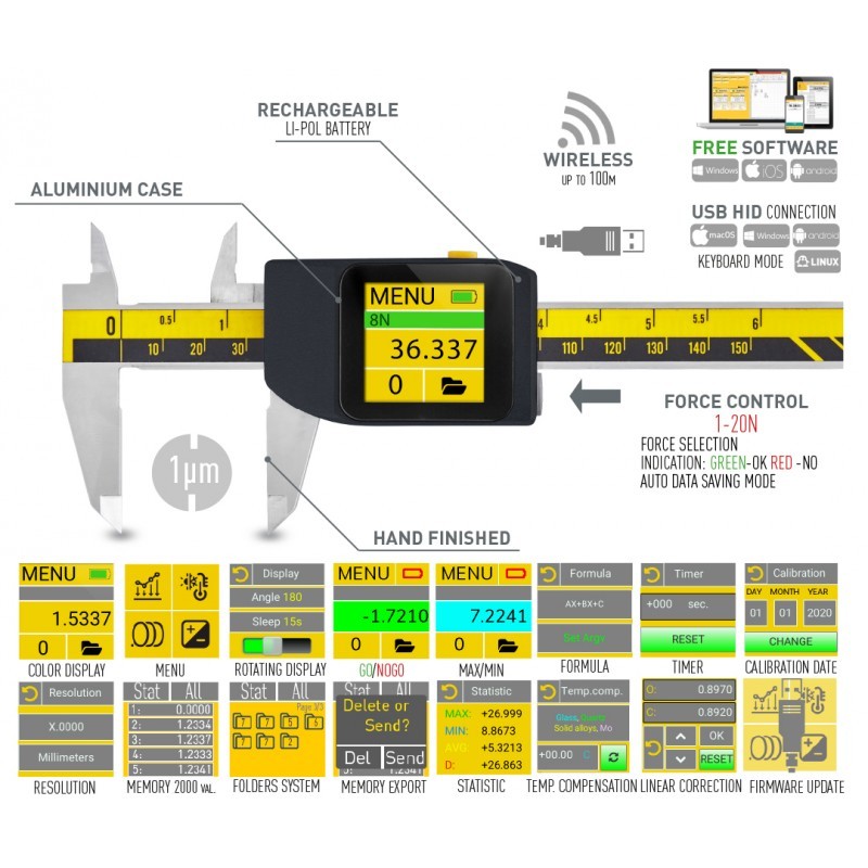 COMPUTERIZED eFORCE 1-20N caliper CARBIDE 6", 8", 12" - 0-300mm IP54 Wireless+USB