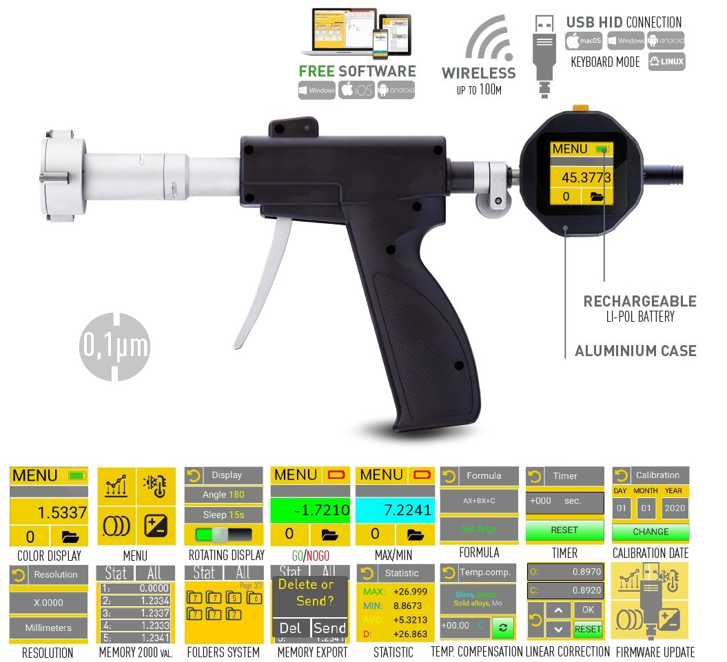 Pistol Grip Internal Micrometer - BIG DEPTH - Sub-Micron Computerized
