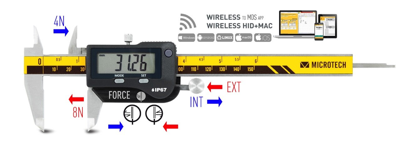 WIRELESS DOUBLE FORCE 8N caliper 6", 8", 12" - 0-300mm IP-67 SWISS electronic/CARBIDE jaws