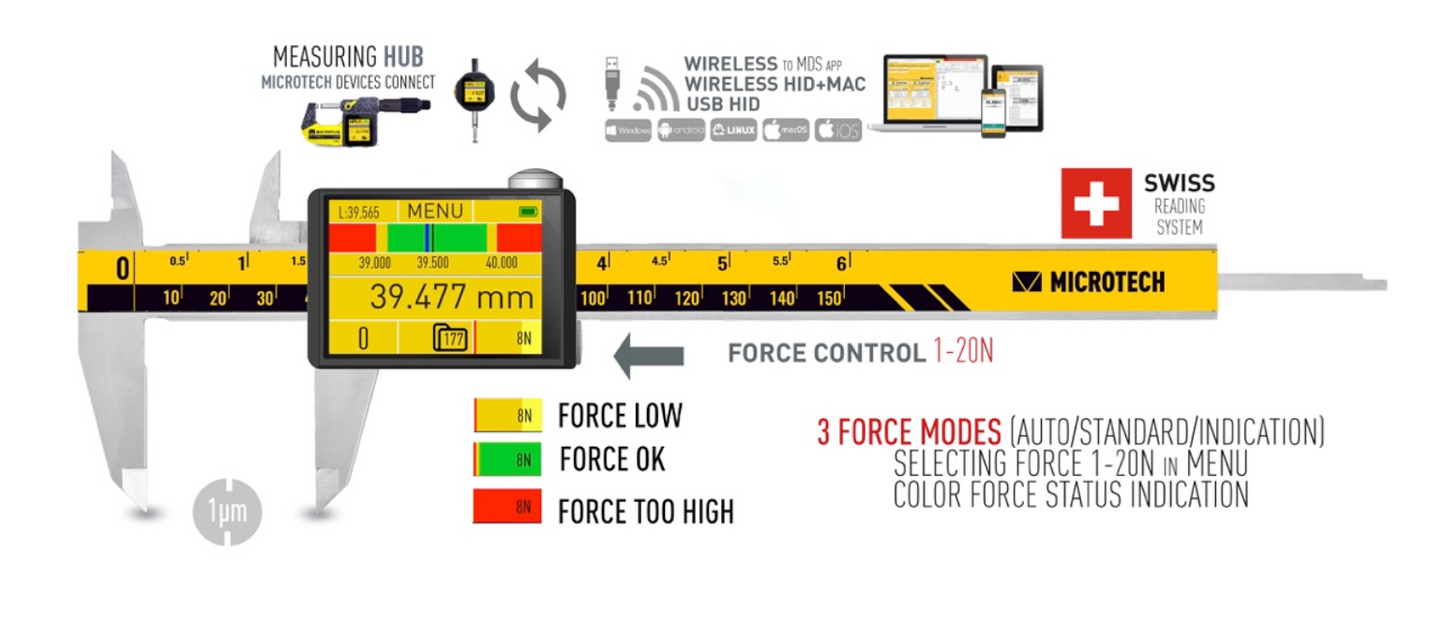 Tablet Digital Caliper e-Force  -  6", 8", 12"  -  1-20N  -  Ceramic Jaw  -  USB & Bluetooth