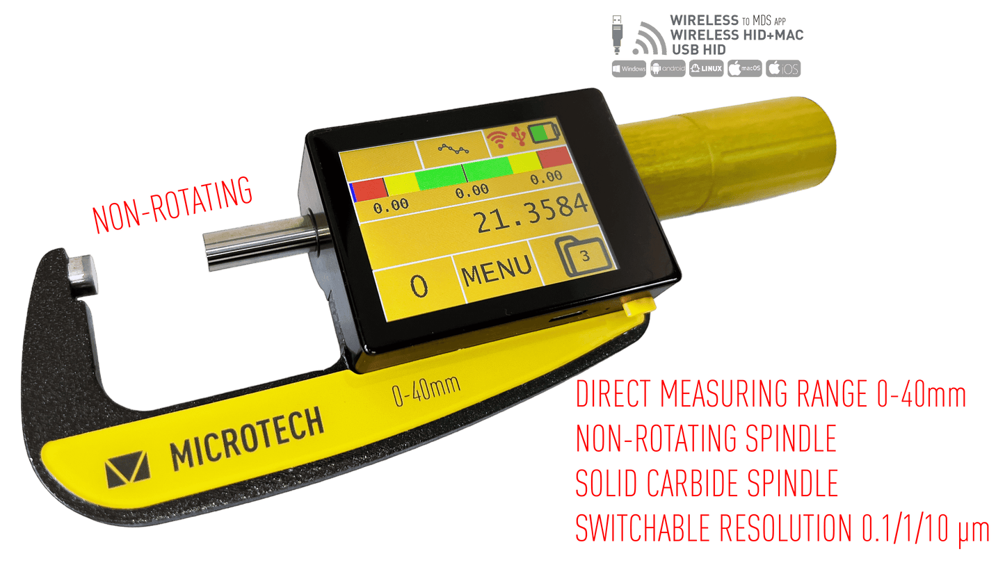 Non-rotating TABLET micrometer 0-40x0.001 IP-65 Wireless+USB